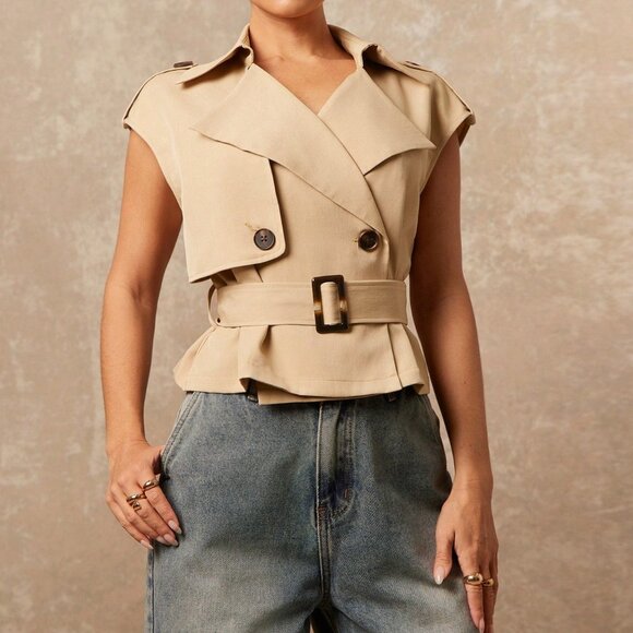 Khaki Casual Women's High-End Stand-Up Collar Windbreaker Vest - Picture 2 of 8